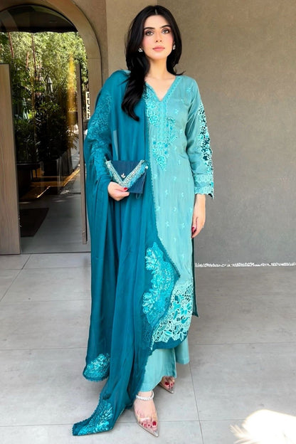 Pacific Blue Embroidered Raw Silk Salwar Kameez Online in Dubai UAE Abudhabi Ajman Sharjah