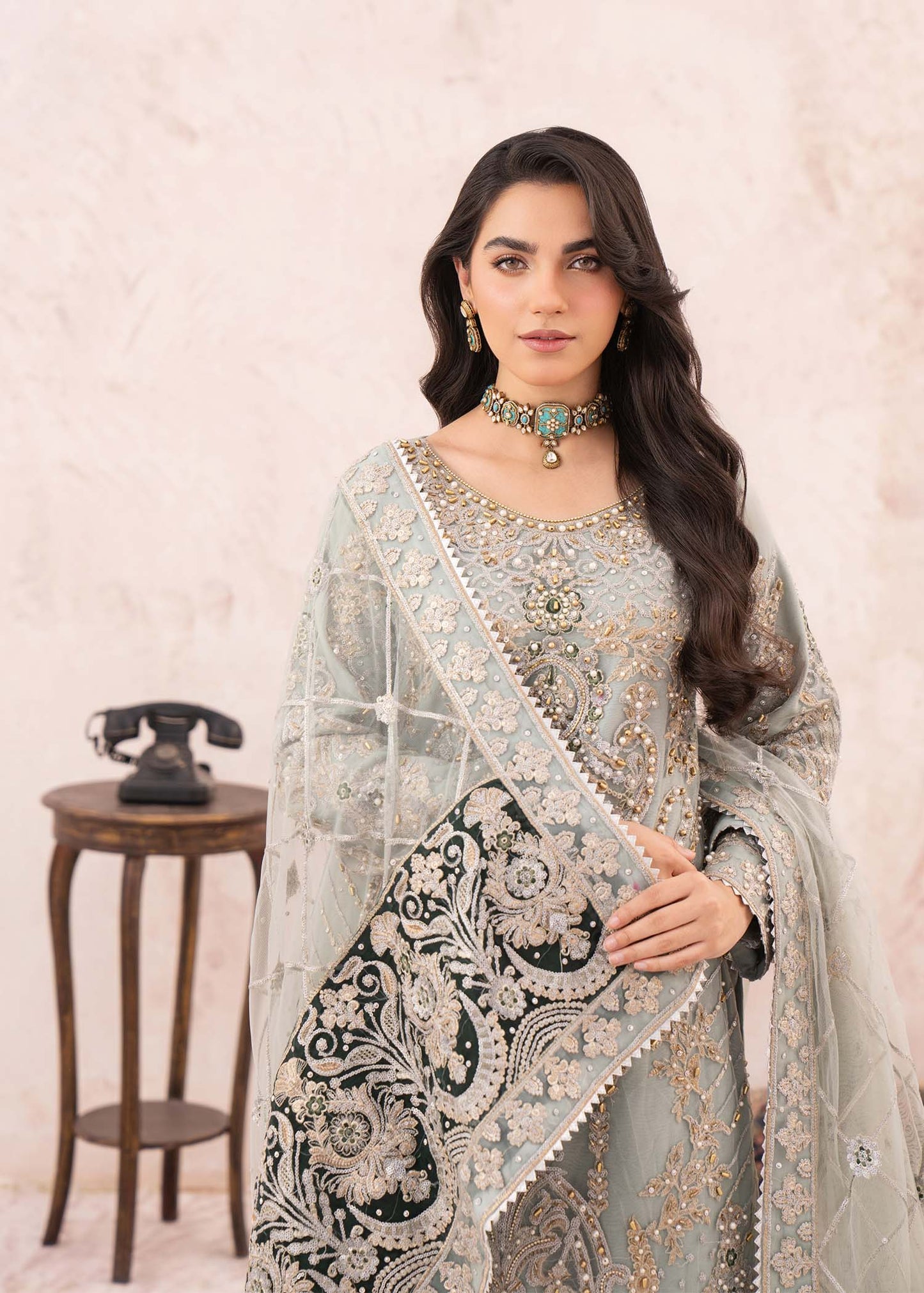 Pakistani Ash Grey Net Suit for Women Online in KSA Riyadh Saudi Arabia Oman Bahrain Qatar