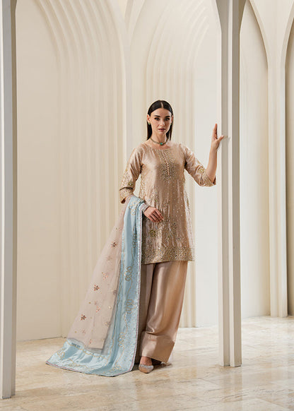 Pakistani Beige Embroidered Charmuse Shalwar Kameez Online in Dubai UAE Abudhabi Ajman Sharjah