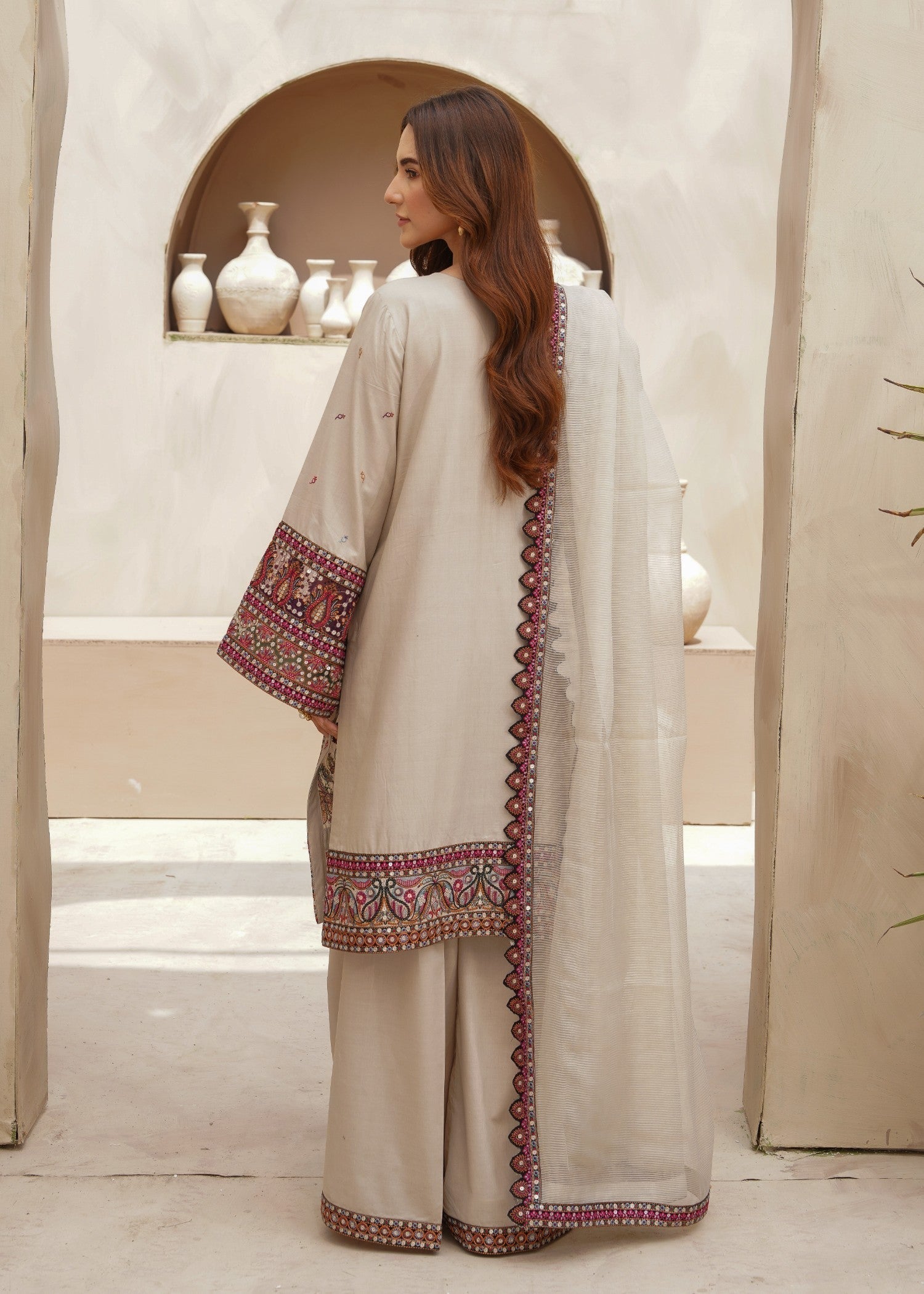 Pakistani Beige Embroidered Lawn Dress Online in KSA Riyadh Saudi Arabia Oman Bahrain Qatar
