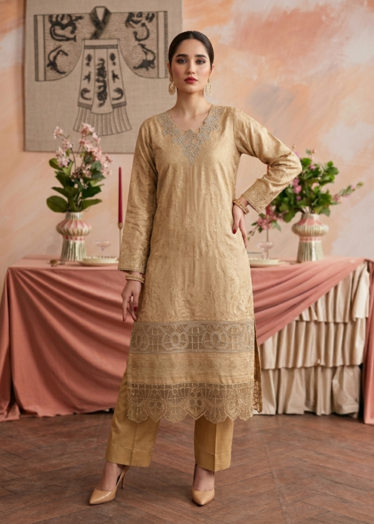 Pakistani Beige Embroidered Party Suit Online in KSA Riyadh Saudi Arabia Oman Bahrain Qatar