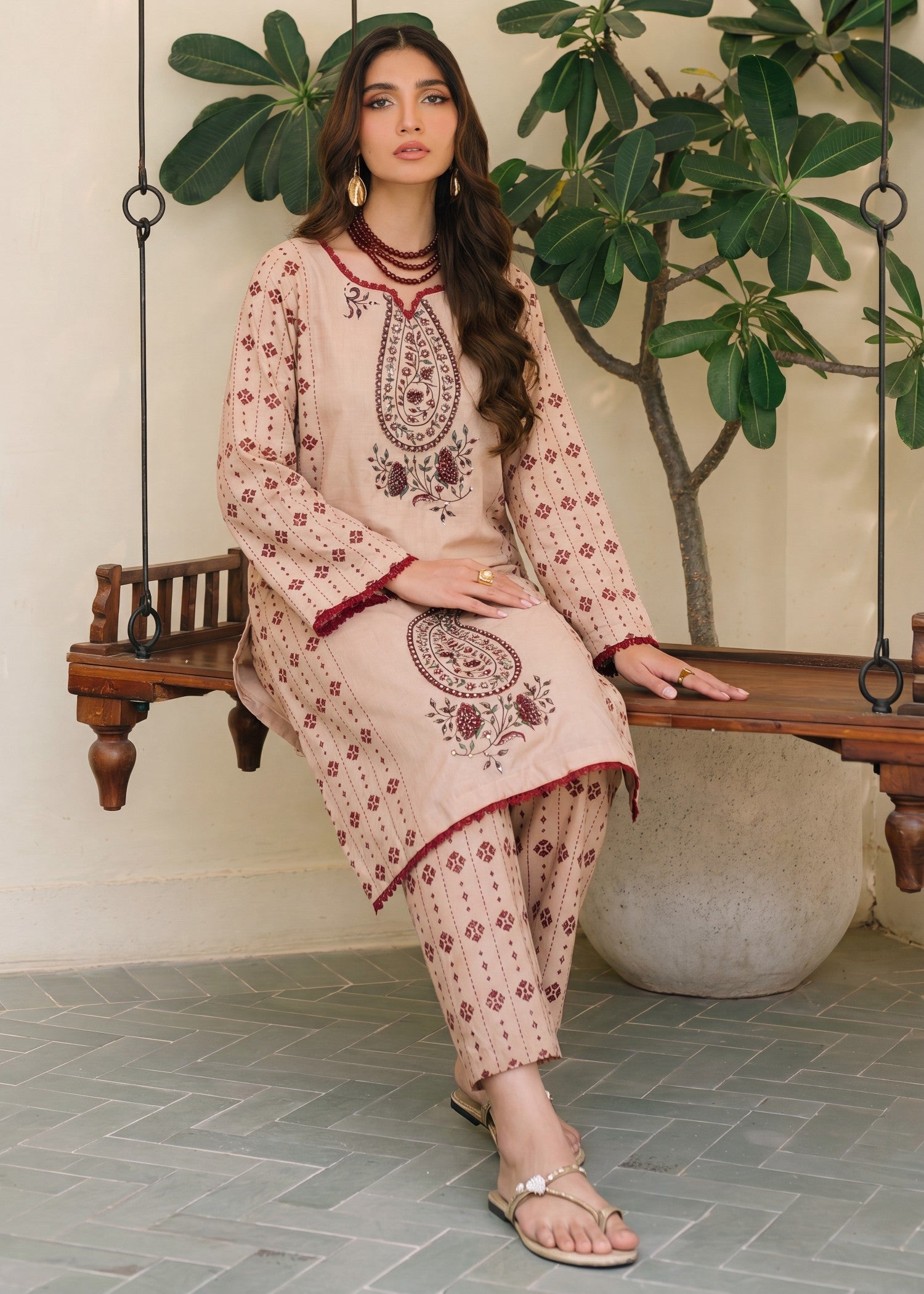 Pakistani Beige Lawn Embellished Kurta Pajama Online in KSA Riyadh Saudi Arabia Oman Bahrain Qatar