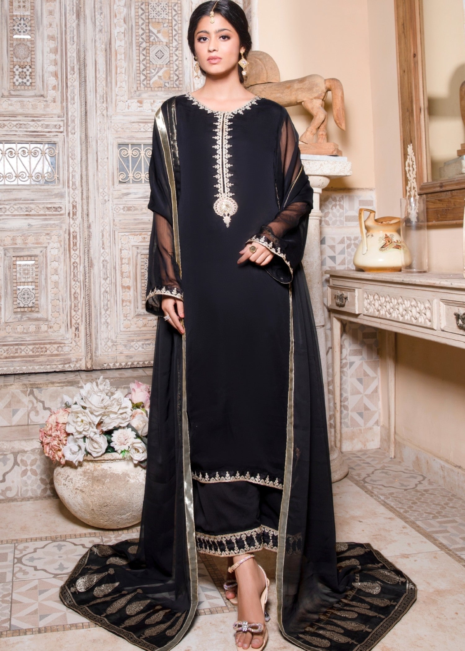 Pakistani Black Chiffon Embroidered Ladies Suit Online in UK USA Canada