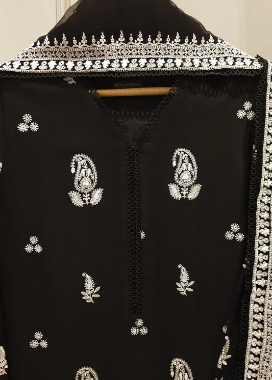 Pakistani Black Chiffon Embroidered Salwar Kameez Online in KSA Riyadh Saudi Arabia Oman Bahrain Qatar
