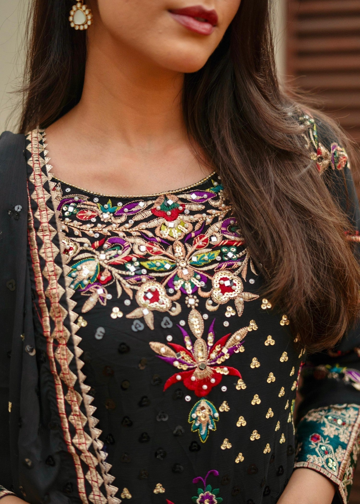 Pakistani Black Chiffon Festive Suit Online in KSA Riyadh Saudi Arabia Oman Bahrain Qatar
