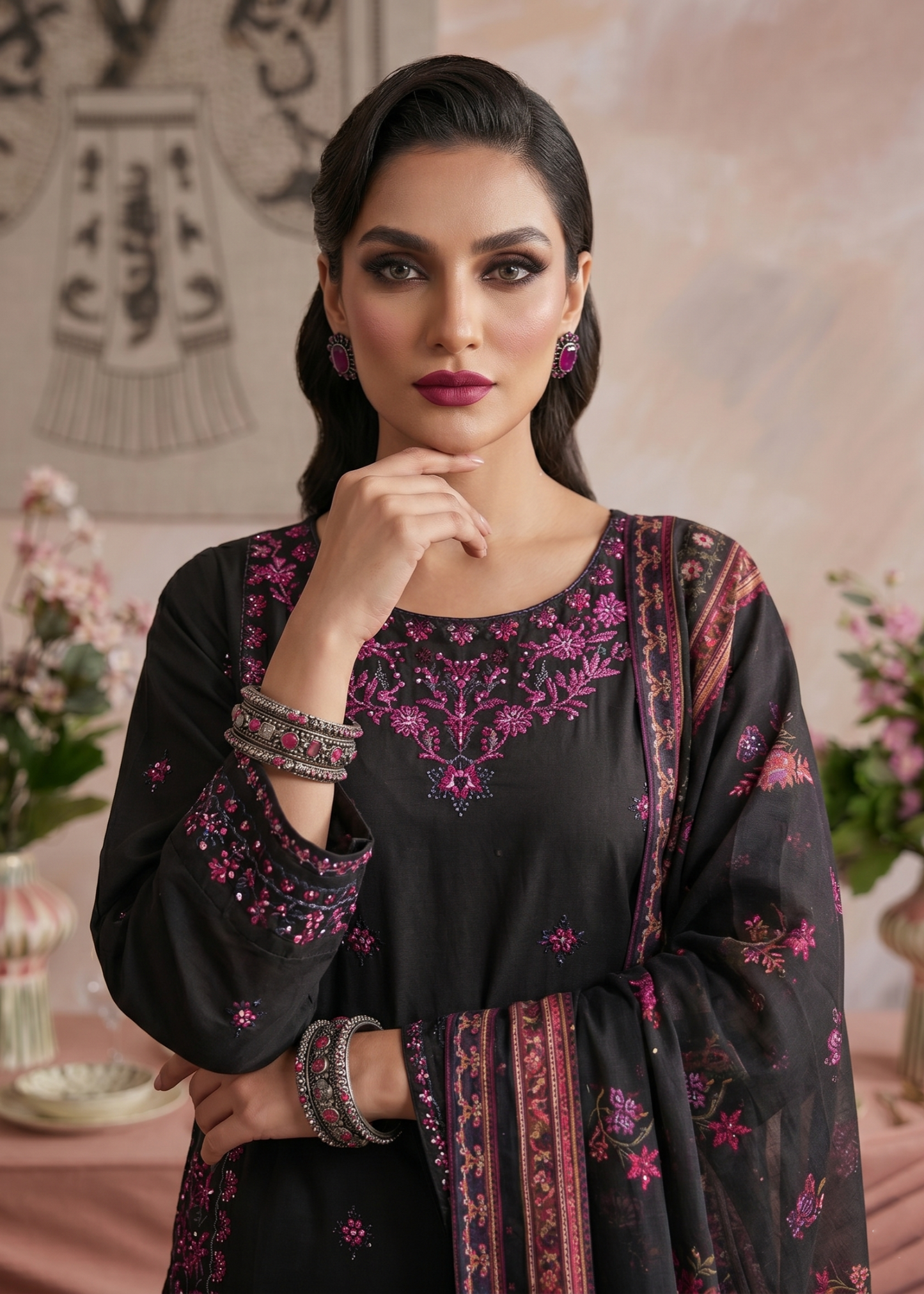 Pakistani Black Cotton Embroidered Suit Online in KSA Riyadh Saudi Arabia Oman Bahrain Qatar
