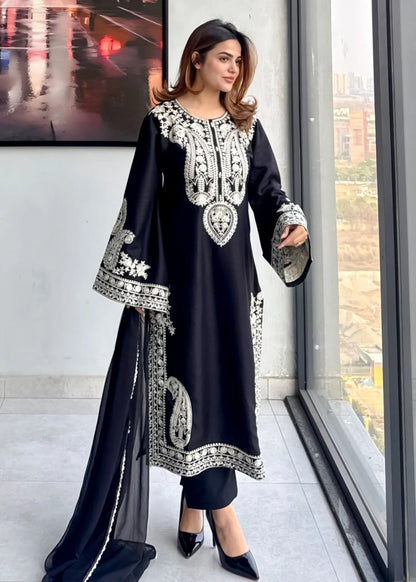 Pakistani Black Embroidered Cotton Suit Online in KSA Riyadh Saudi Arabia Oman Bahrain Qatar
