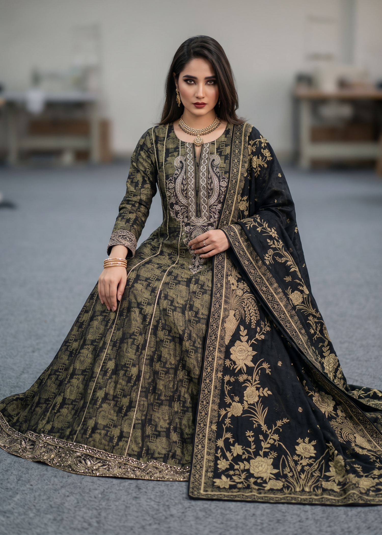 Pakistani Black Embroidered Jacquard Festive Suit Online in KSA Riyadh Saudi Arabia Oman Bahrain Qatar