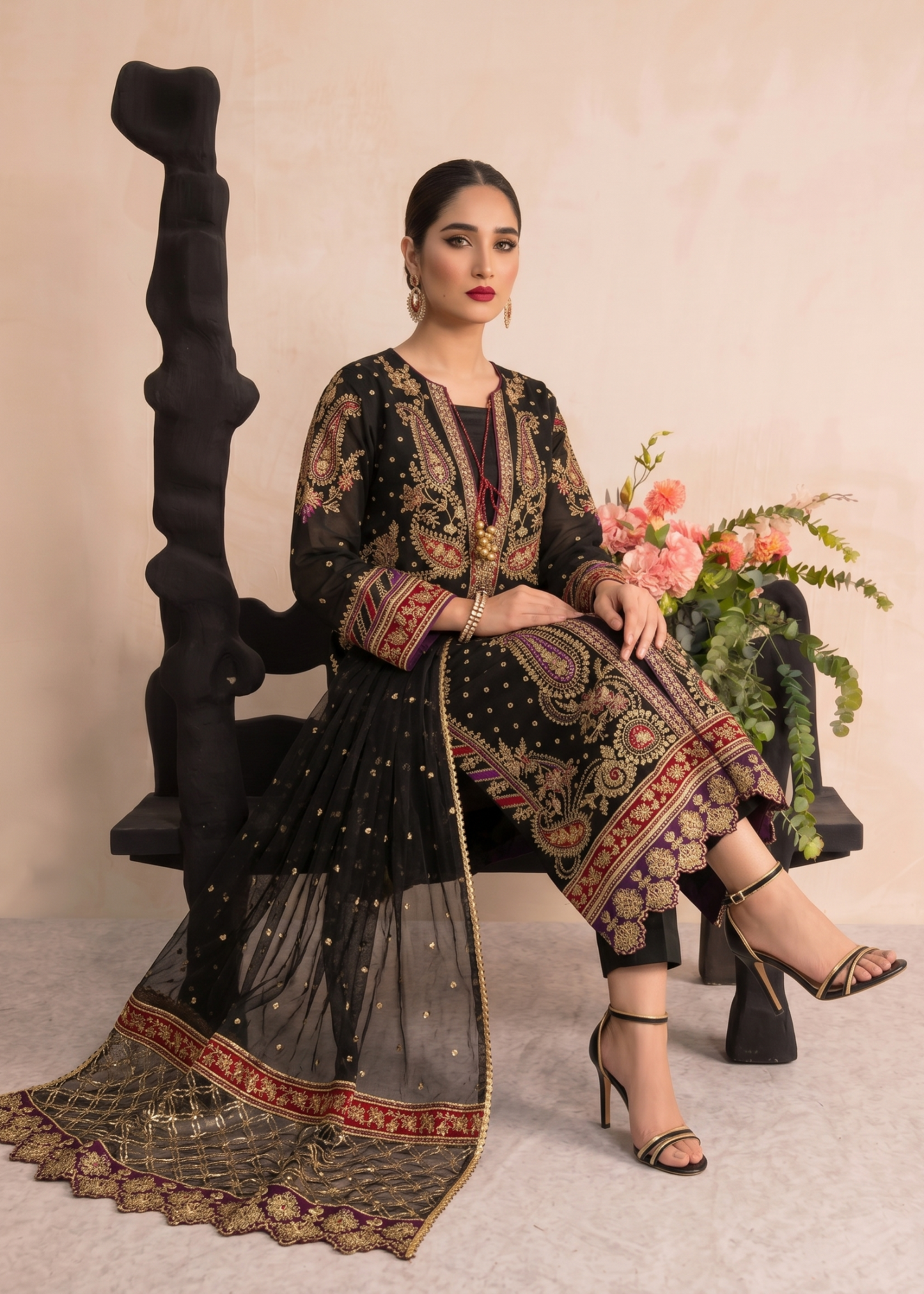 Pakistani Black Embroidered Organza Three Piece Online in KSA Riyadh Saudi Arabia Oman Bahrain Qatar