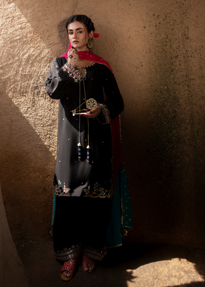 Pakistani Black Embroidered Raw Silk Farshi Dress Online in KSA Riyadh Saudi Arabia Oman Bahrain Qatar