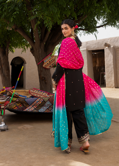 Pakistani Black Embroidered Raw Silk Farshi Suit Online in KSA Riyadh Saudi Arabia Oman Bahrain Qatar