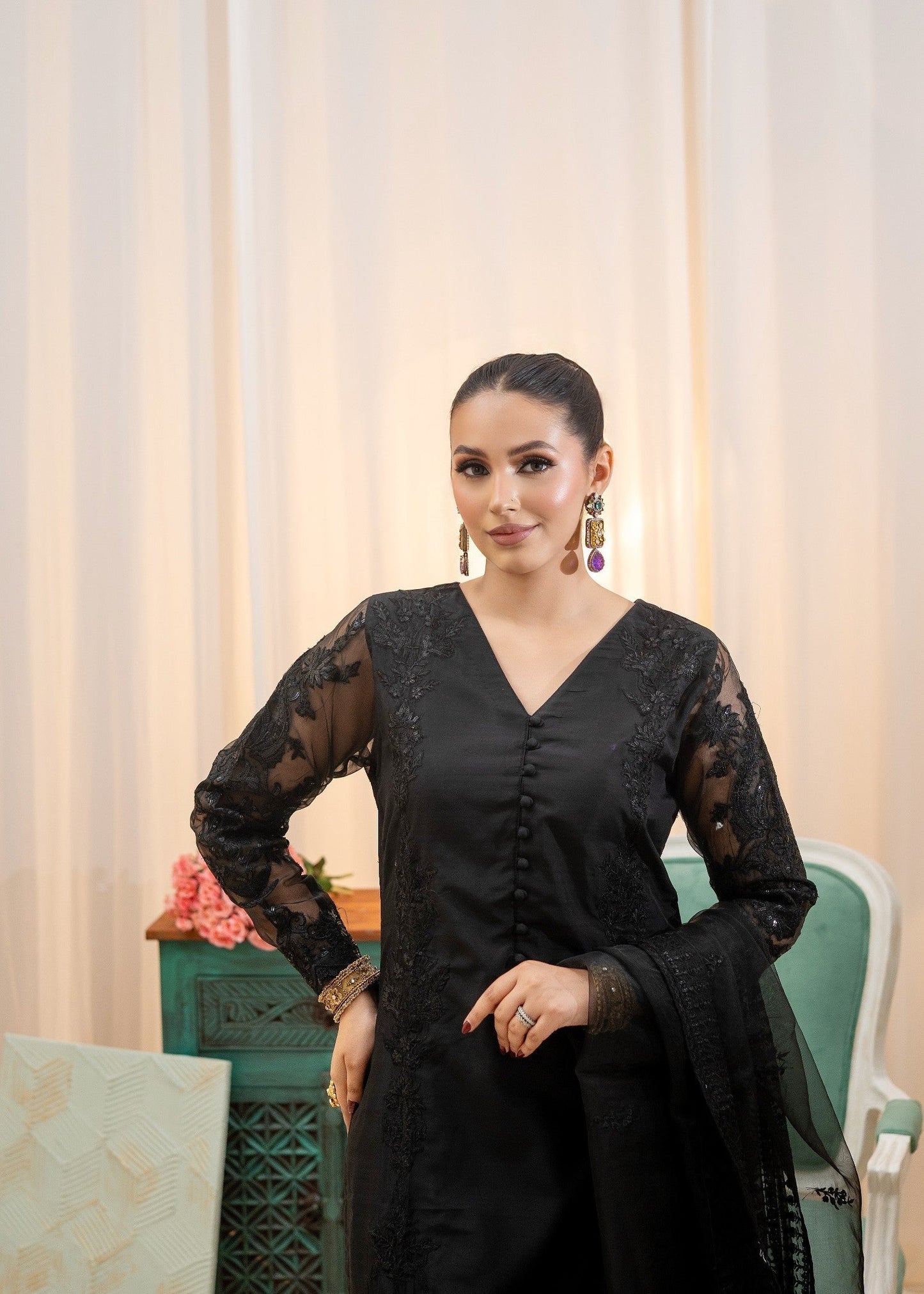 Pakistani Black Raw Silk Embroidered Suit Online in KSA Riyadh Saudi Arabia Oman Bahrain Qatar
