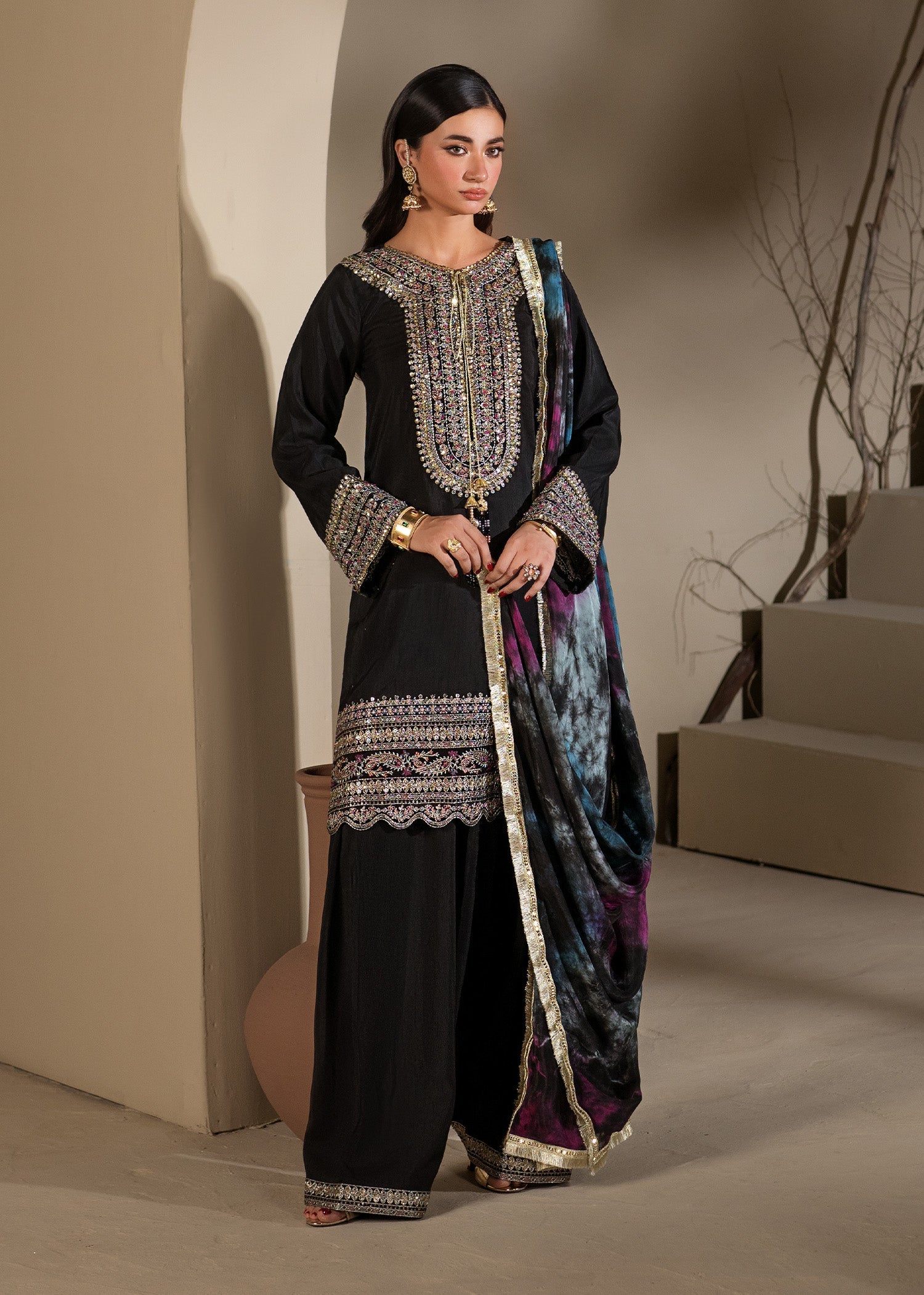 Pakistani Black Raw Silk Farshi Shalwar Party Wear Online in KSA Riyadh Saudi Arabia Oman Bahrain Qatar