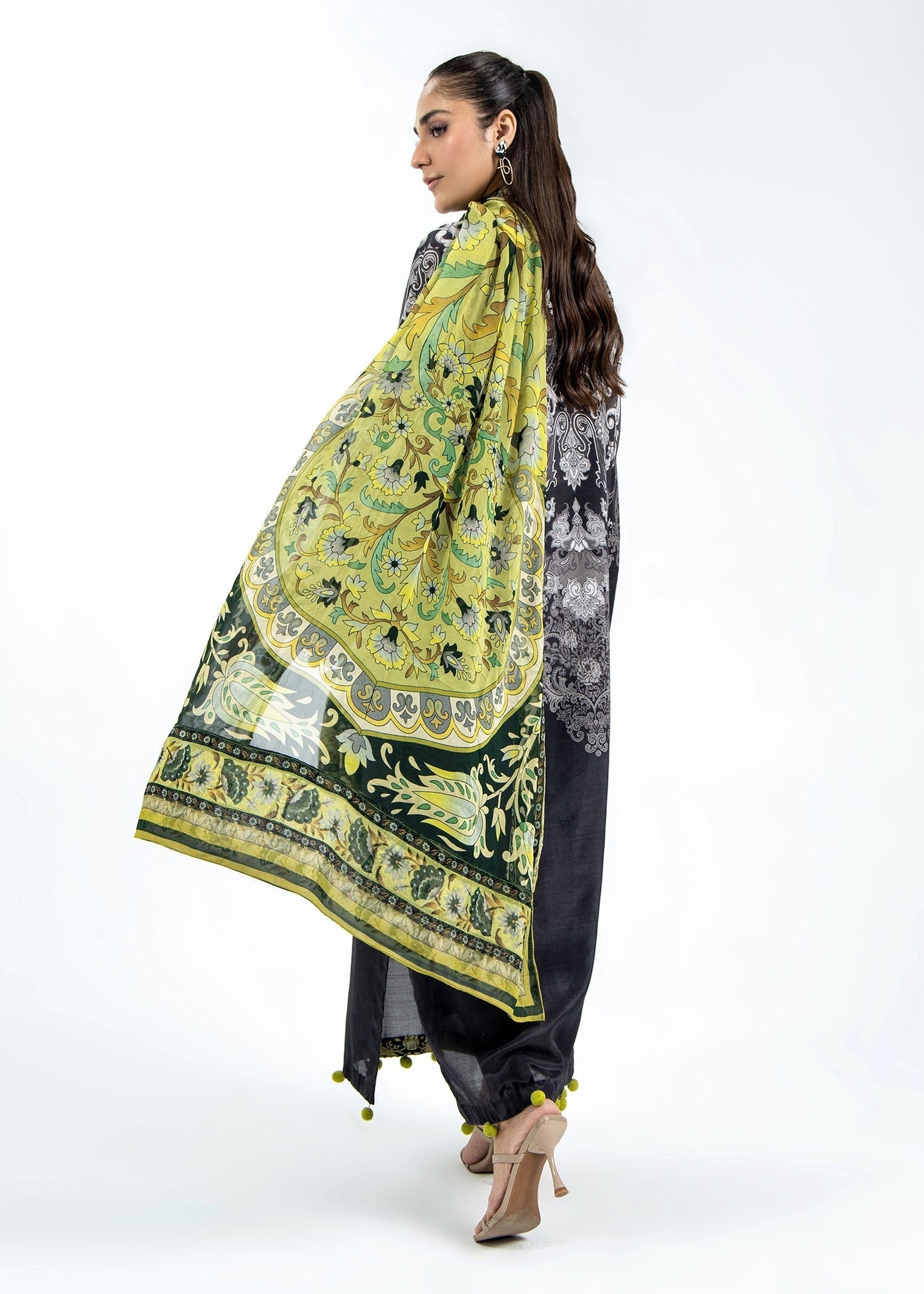 Pakistani Black Raw Silk Kaftan with Tassel Neckline Online in KSA Riyadh Saudi Arabia Oman Bahrain Qatar