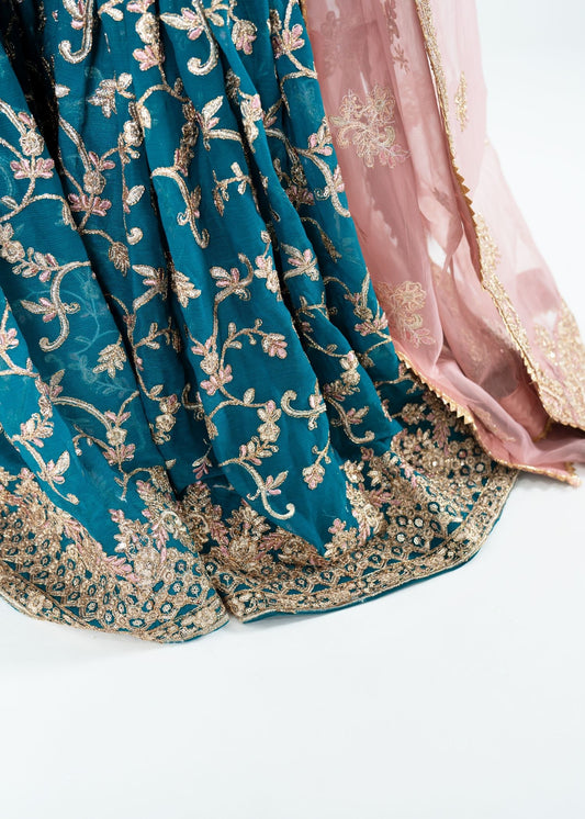 Pakistani Blue Embroidered Chiffon Gharara Online in UK USA Canada