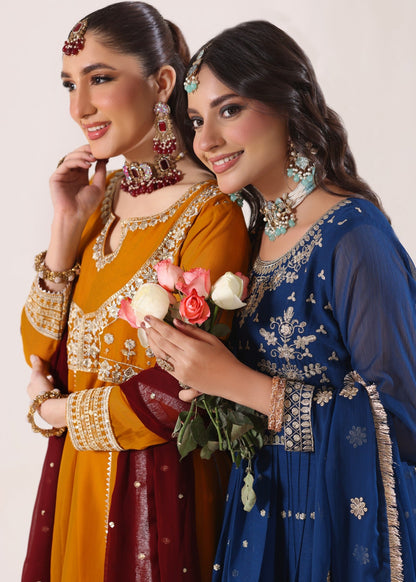 Pakistani Blue Embroidered Chiffon Partywear Suit Online in KSA Riyadh Saudi Arabia Oman Bahrain Qatar