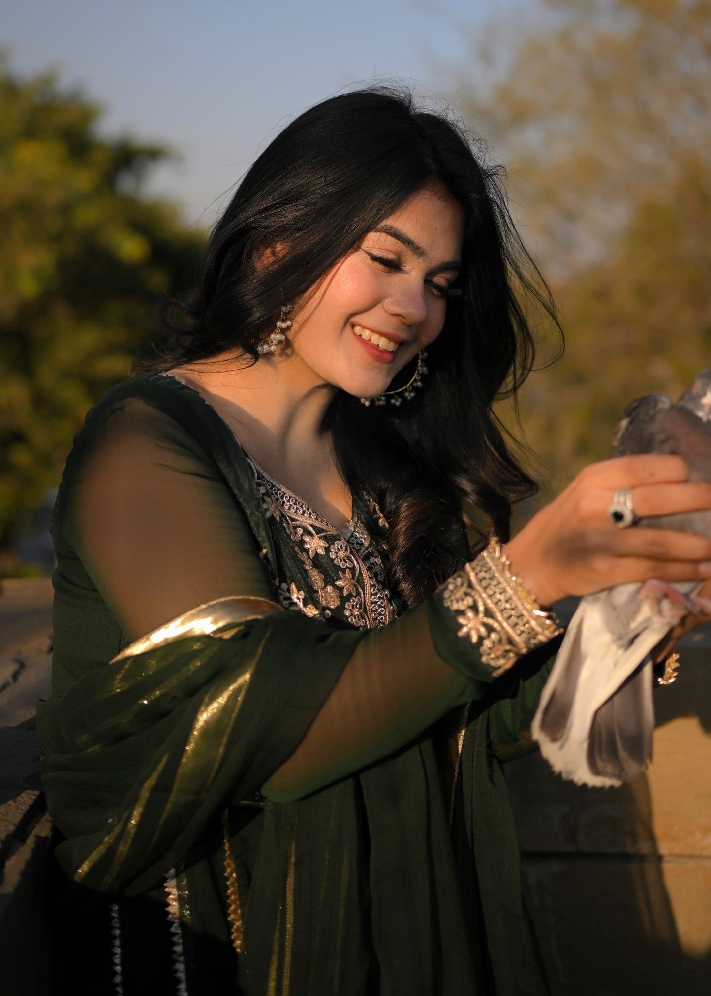 Pakistani Bottle Green Chiffon Embroidered Gharara Suit Online in KSA Riyadh Saudi Arabia Oman Bahrain Qatar