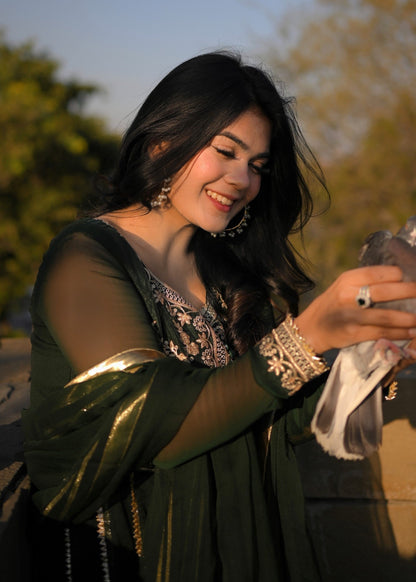 Pakistani Bottle Green Chiffon Embroidered Gharara Suit Online in KSA Riyadh Saudi Arabia Oman Bahrain Qatar