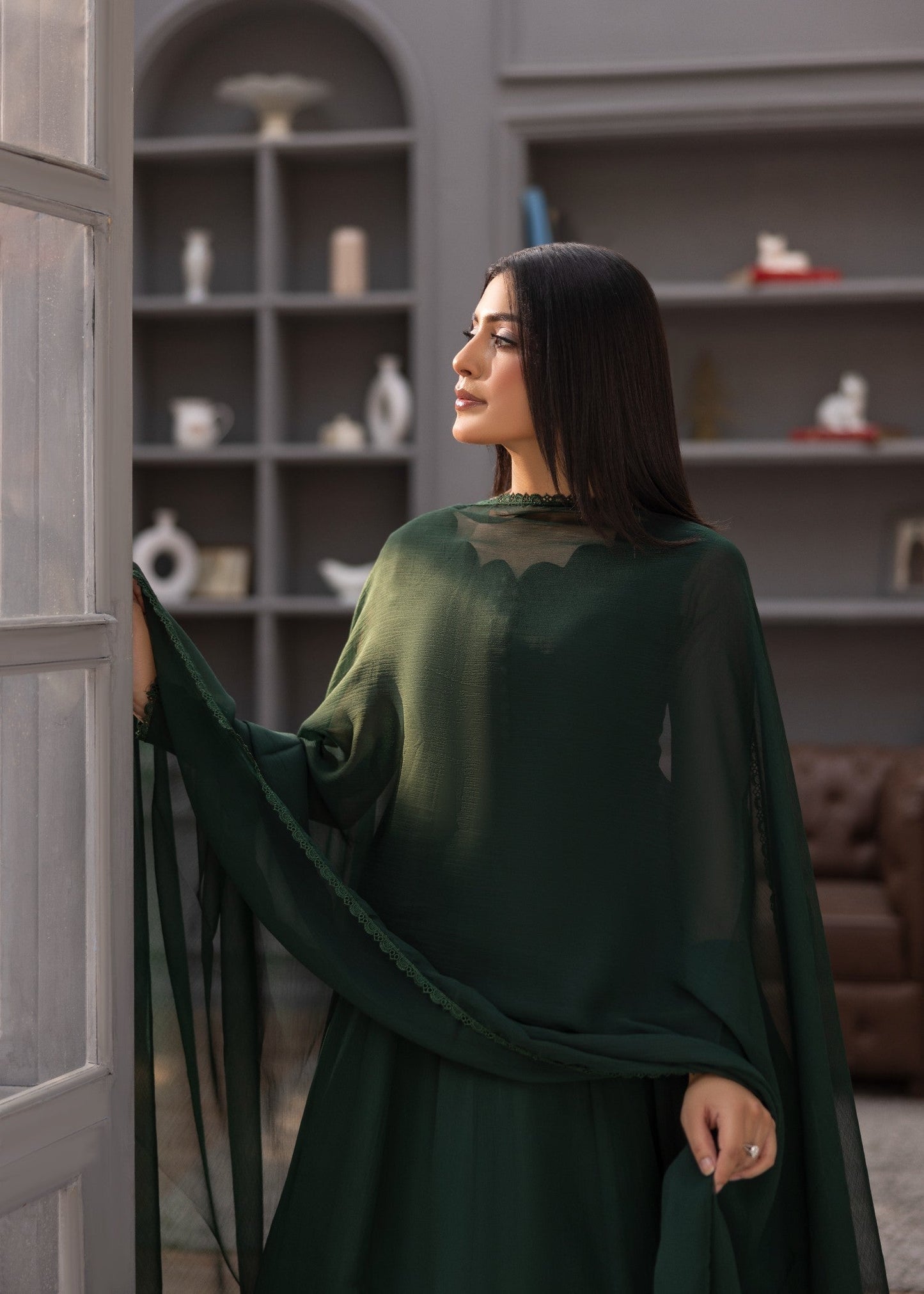 Pakistani Bottle Green Chiffon Partywear Kurta Online in KSA Riyadh Saudi Arabia Oman Bahrain Qatar