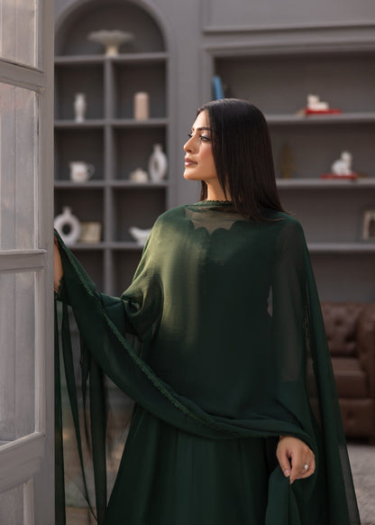 Pakistani Bottle Green Chiffon Partywear Kurta Online in KSA Riyadh Saudi Arabia Oman Bahrain Qatar