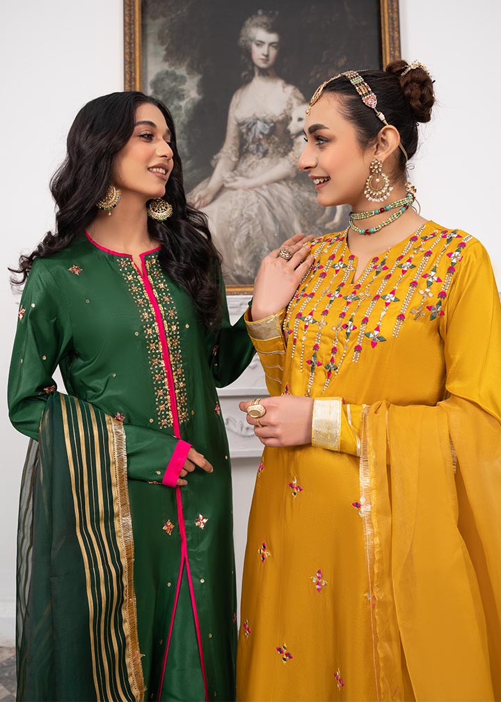 Pakistani Bottle Green Kattan Silk Embroidered Suit Online in KSA Riyadh Saudi Arabia Oman Bahrain Qatar