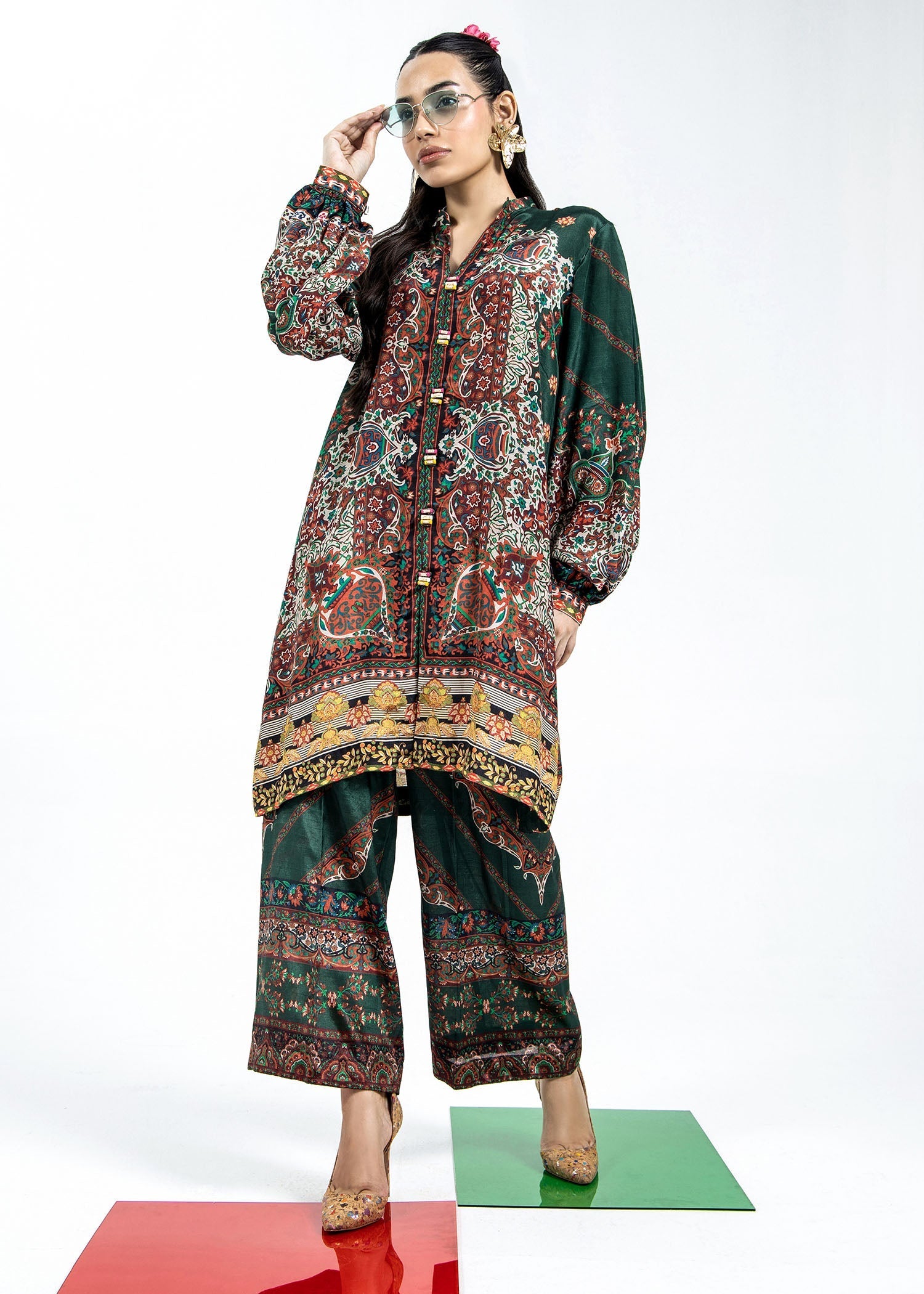 Pakistani Bottle Green Raw Silk Ladies Suit Online in KSA Riyadh Saudi Arabia Oman Bahrain Qatar