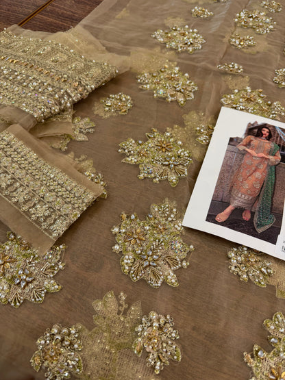 Pakistani Bridal Golden-Beige Chiffon Outfit Online in Sri Lanka India Australia