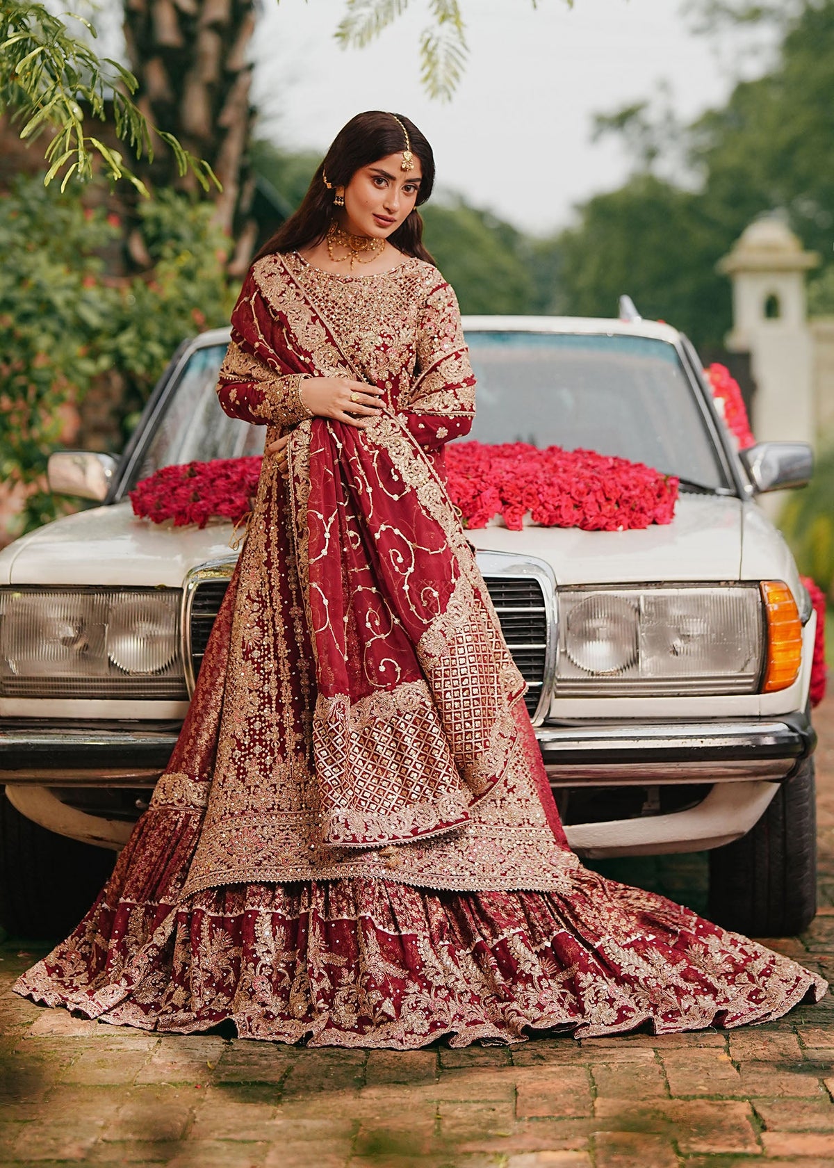 Pakistani Bridal Wear Maroon Embroidered Chiffon Suit Online in UK USA Canada