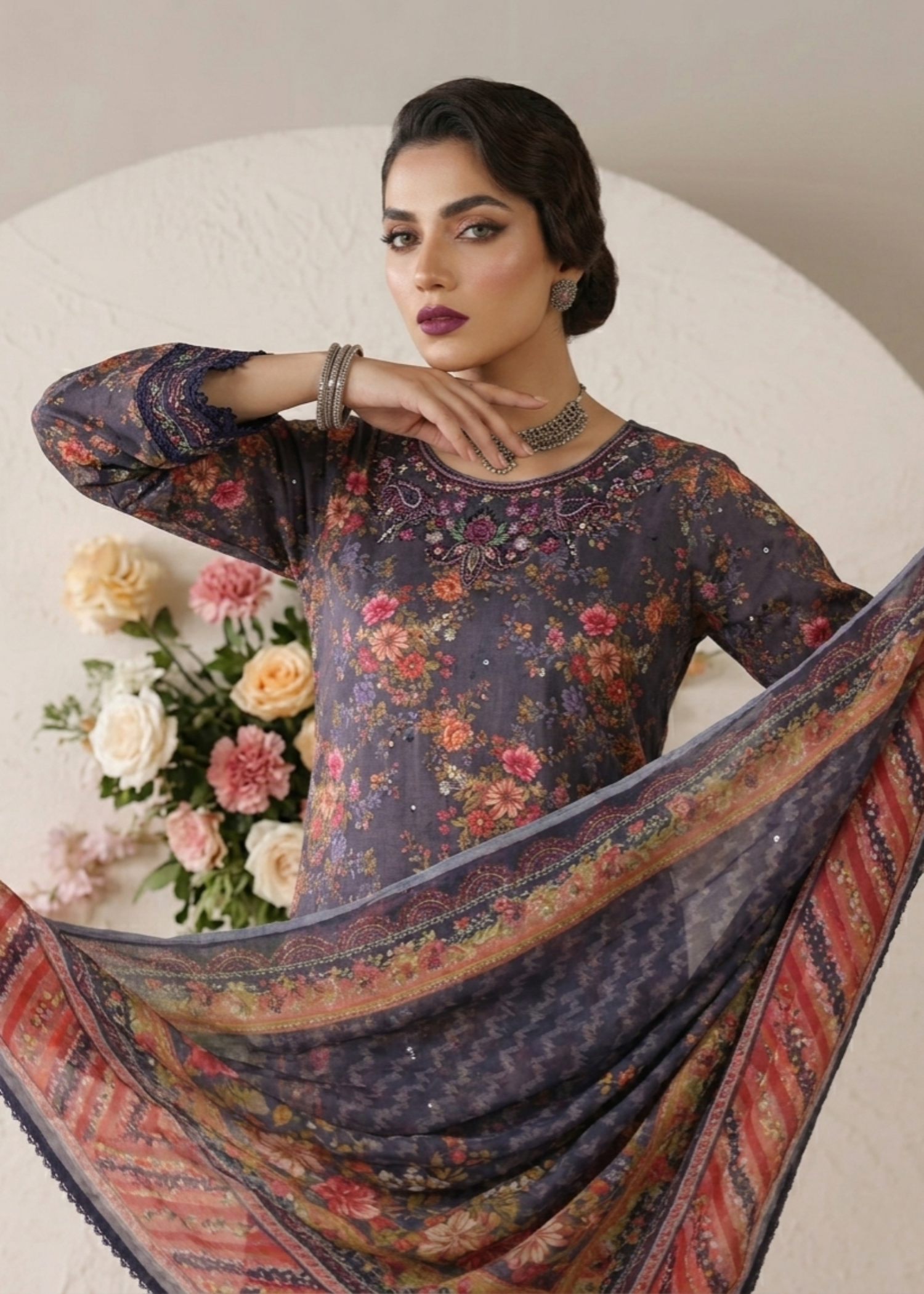 Pakistani Charcoal Lawn Embroidered Suit Online in Sri Lanka India Australia