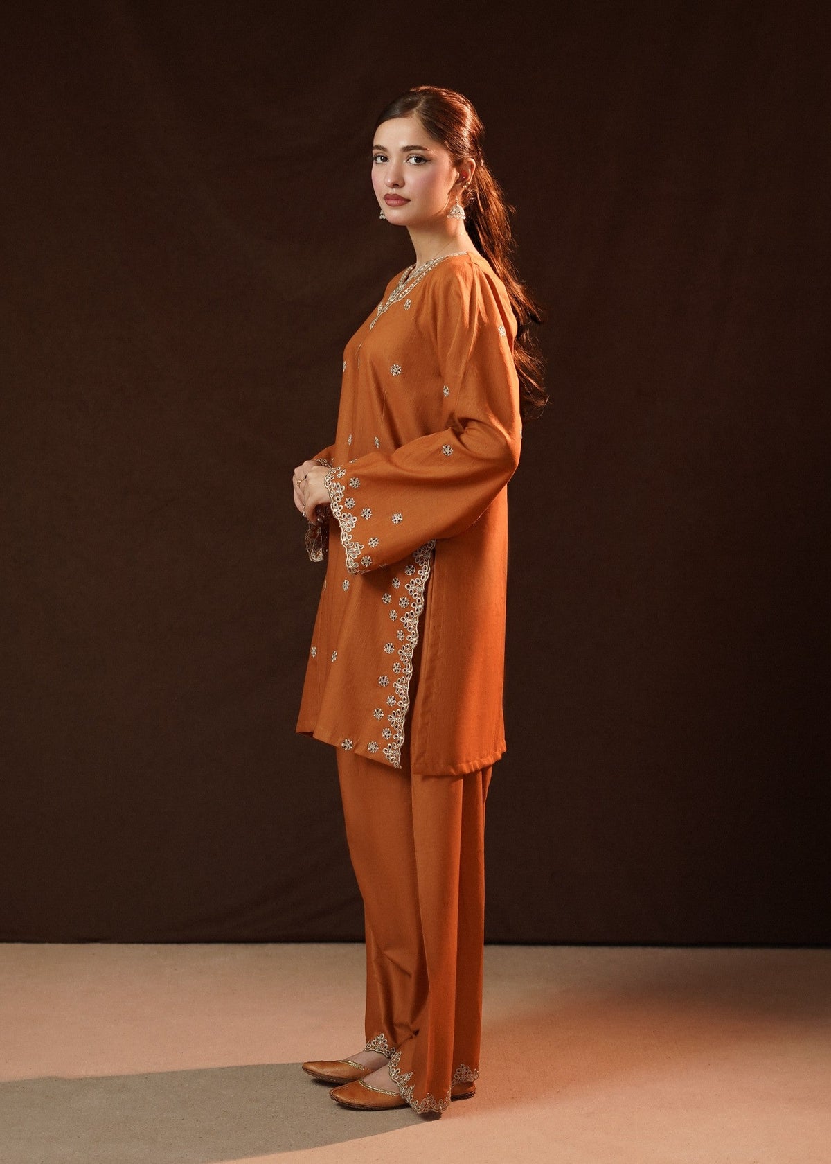 Pakistani Chikankari Rust Orange Slub Khaddar Kurta Set Online in Sri Lanka India Australia