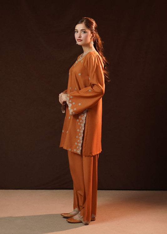 Pakistani Chikankari Rust Orange Slub Khaddar Kurta Set Online in Sri Lanka India Australia