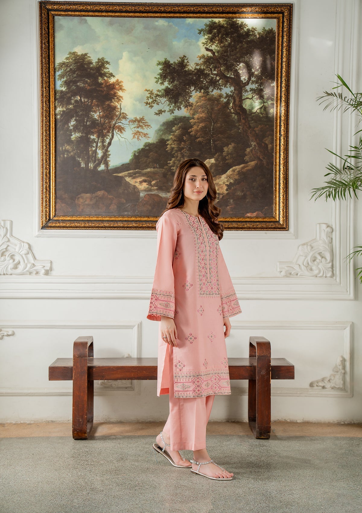 Pakistani Cotton Embroidered Blush Pink Suit Online in KSA Riyadh Saudi Arabia Oman Bahrain Qatar