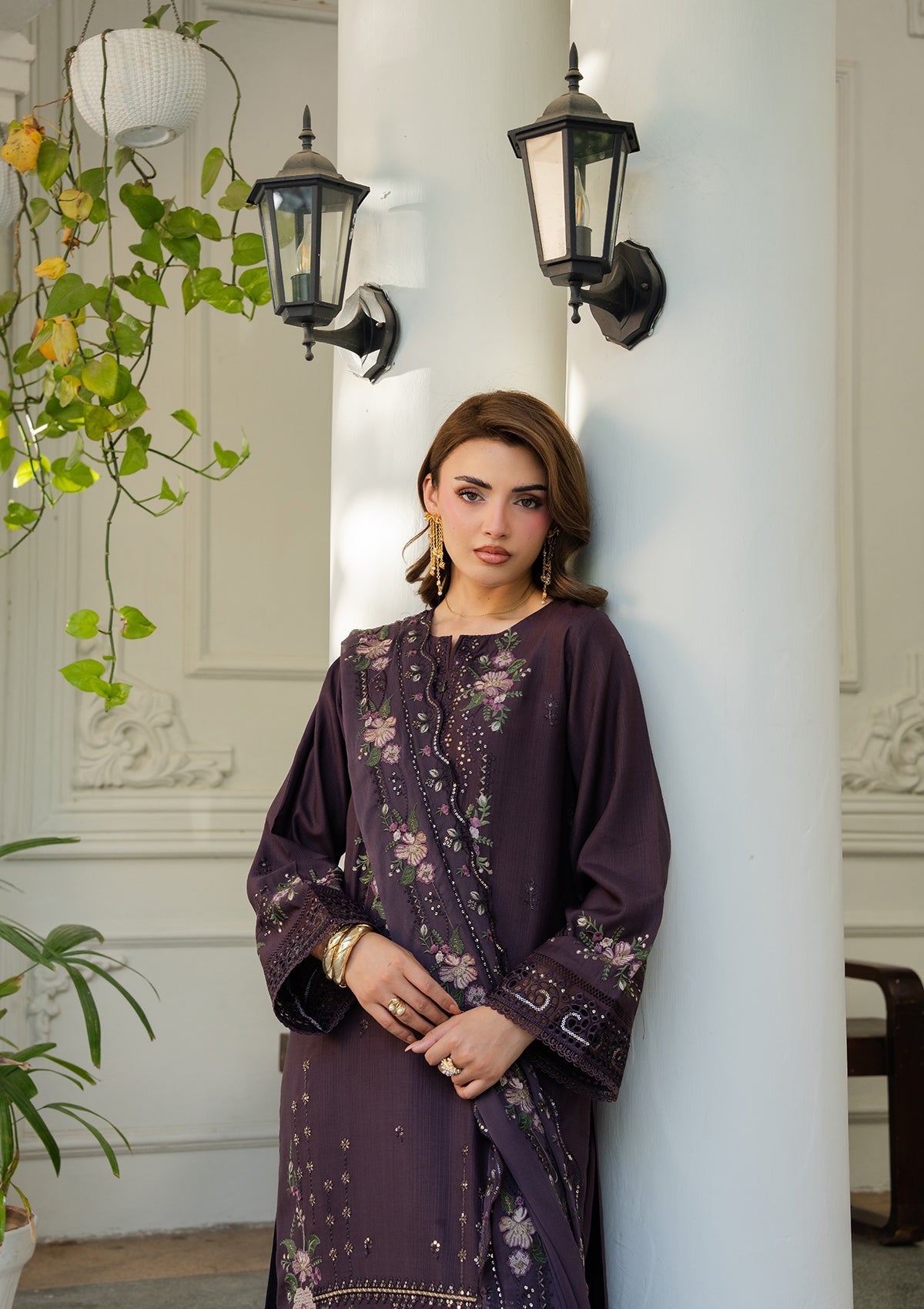 Pakistani Cotton Embroidered Deep Purple Suit Online in KSA Riyadh Saudi Arabia Oman Bahrain Qatar