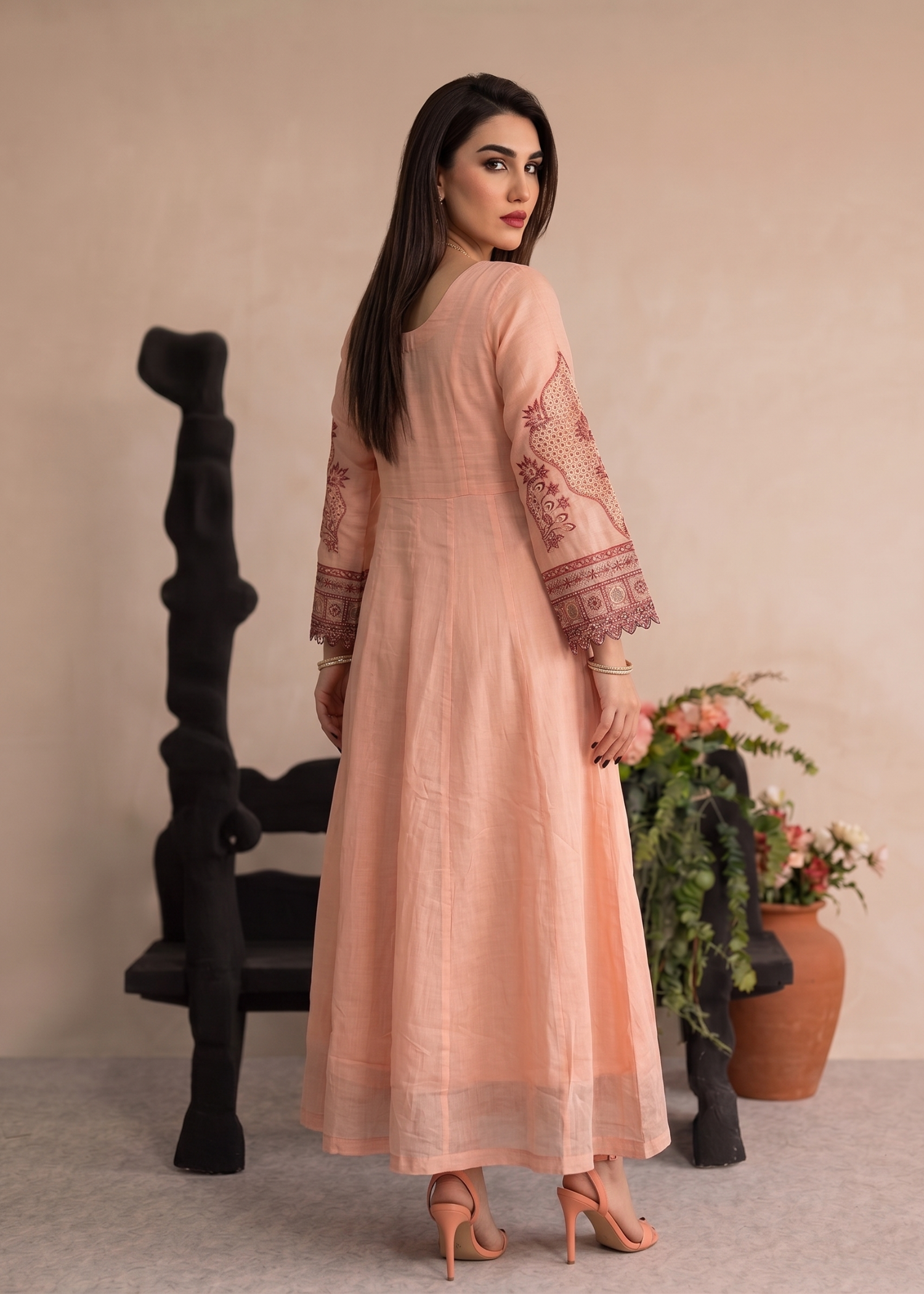 Pakistani Cotton Embroidered Suit Peach Online in KSA Riyadh Saudi Arabia Oman Bahrain Qatar