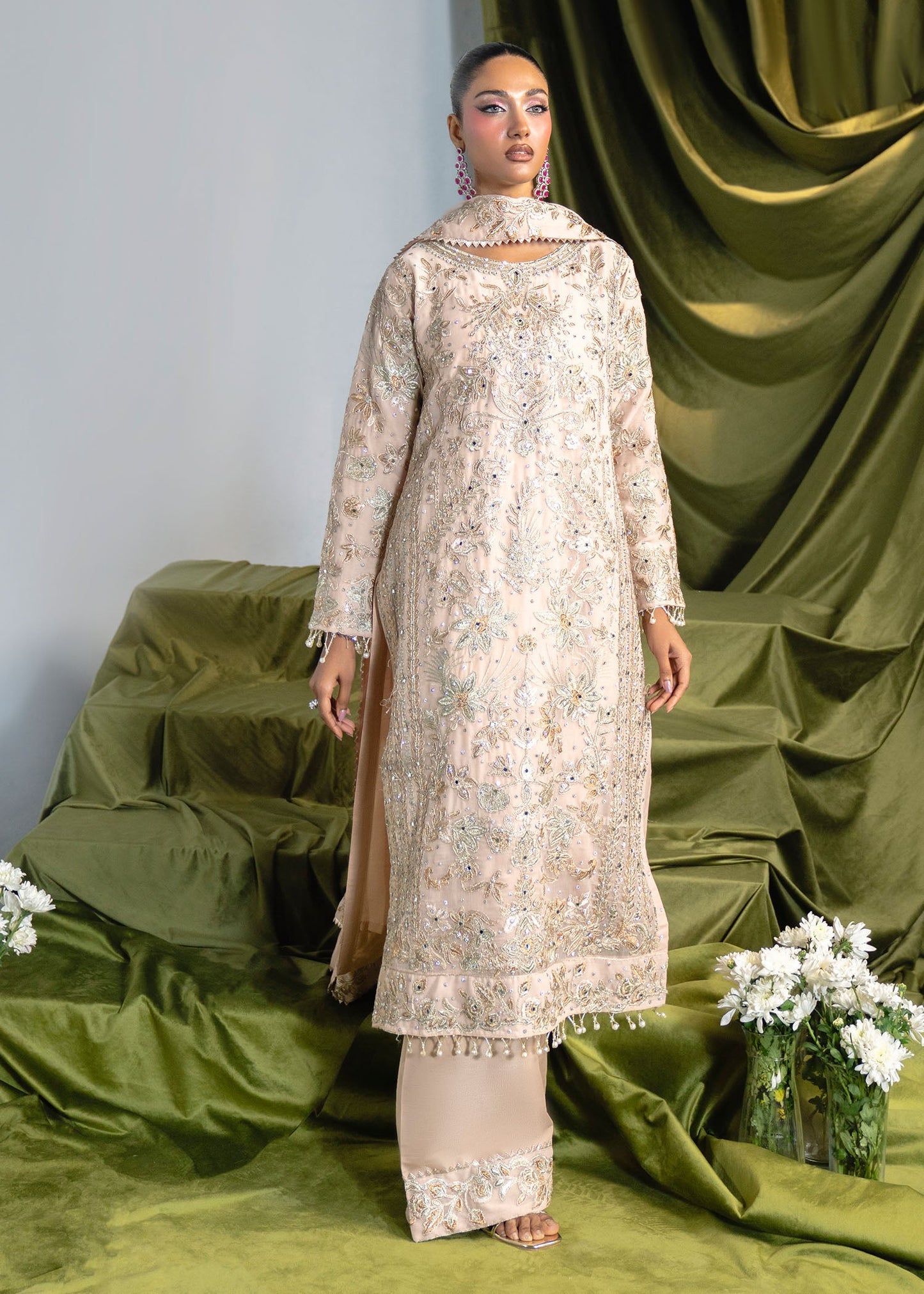 Pakistani Cream Charmuse Embellished Salwar Kameez Online in KSA Riyadh Saudi Arabia Oman Bahrain Qatar