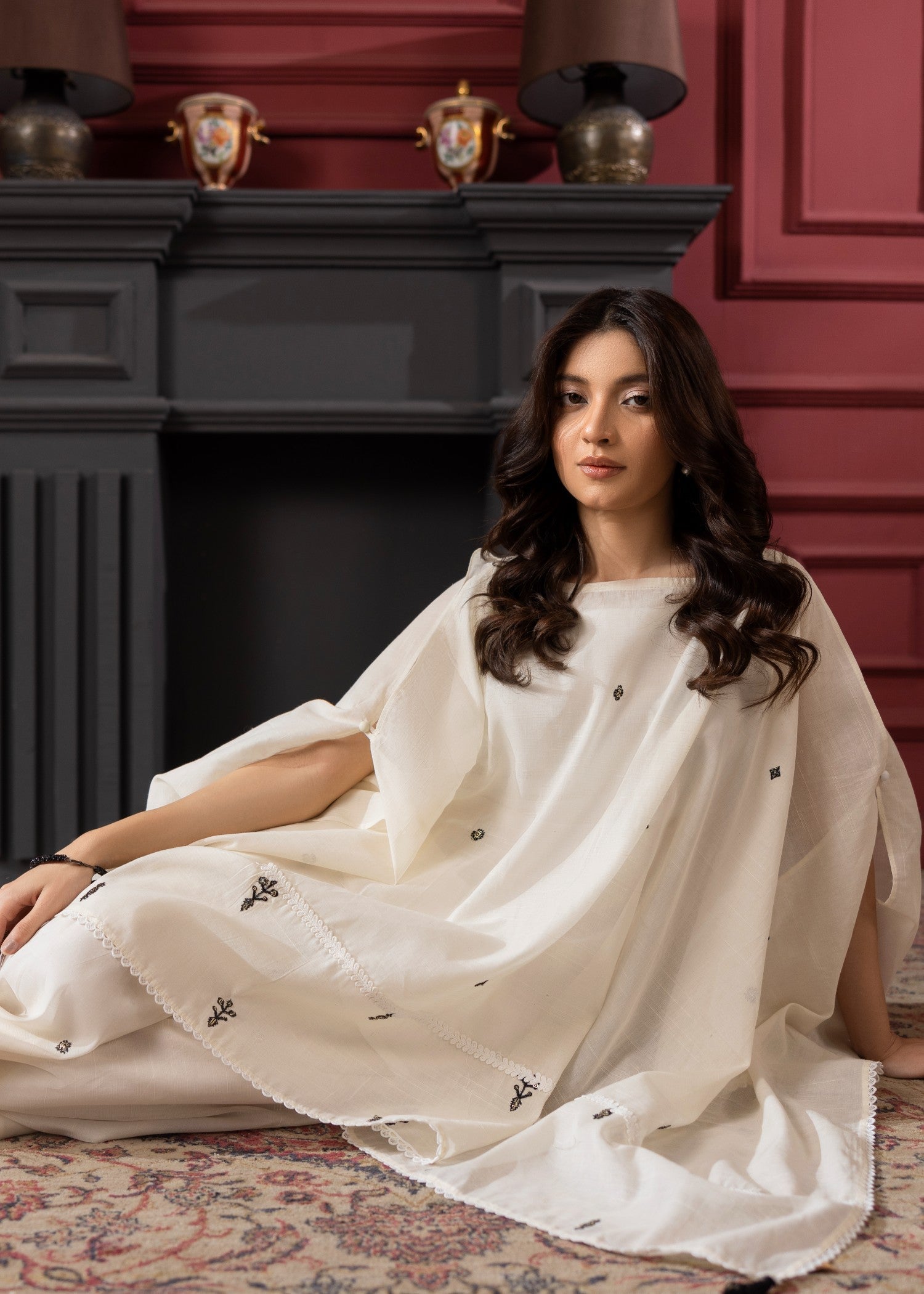 Pakistani Cream Embroidered Cape Kaftan Suit Online in KSA Riyadh Saudi Arabia Oman Bahrain Qatar