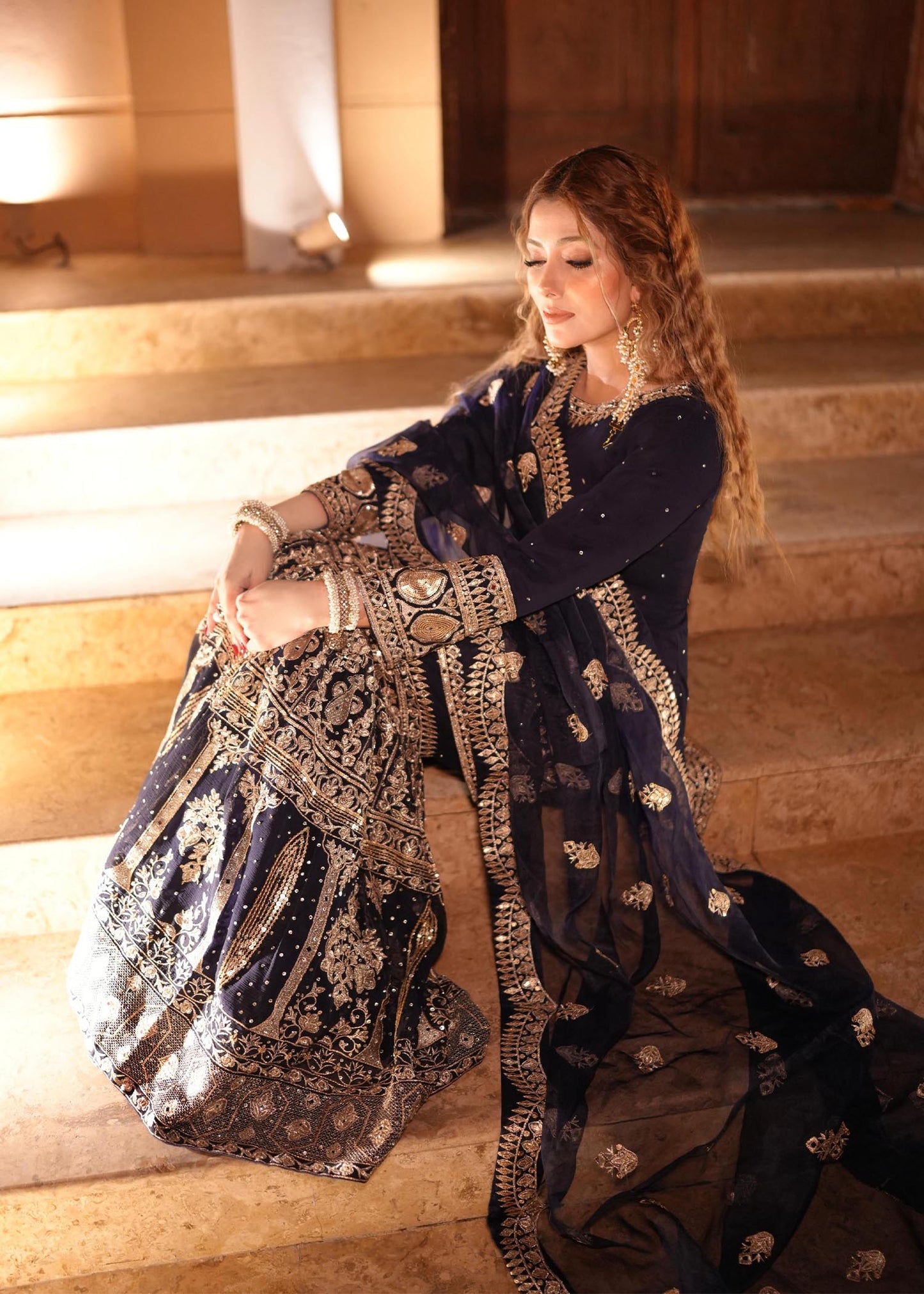 Pakistani Dark Blue Chiffon Gharara with Dupatta Online in KSA Riyadh Saudi Arabia Oman Bahrain Qatar