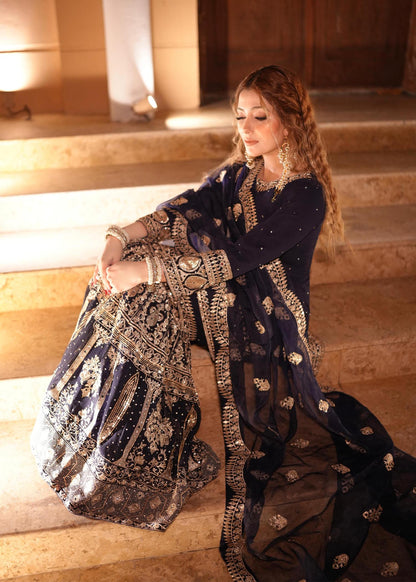 Pakistani Dark Blue Chiffon Gharara with Dupatta Online in KSA Riyadh Saudi Arabia Oman Bahrain Qatar