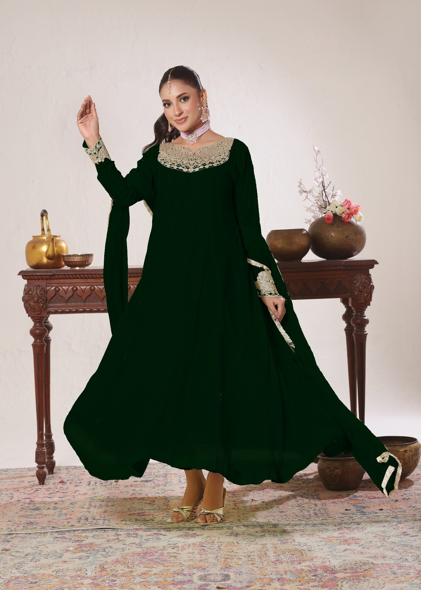 Pakistani Dark Green Chiffon Embroidered Pishwas Online in Sri Lanka India Australia