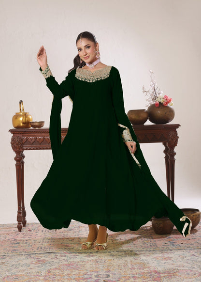 Pakistani Dark Green Chiffon Embroidered Pishwas Online in Sri Lanka India Australia