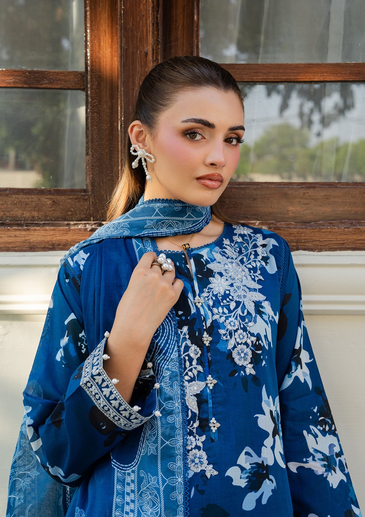 Pakistani Designer Aegean Blue Lawn Salwar Kameez Online in KSA Riyadh Saudi Arabia Oman Bahrain Qatar