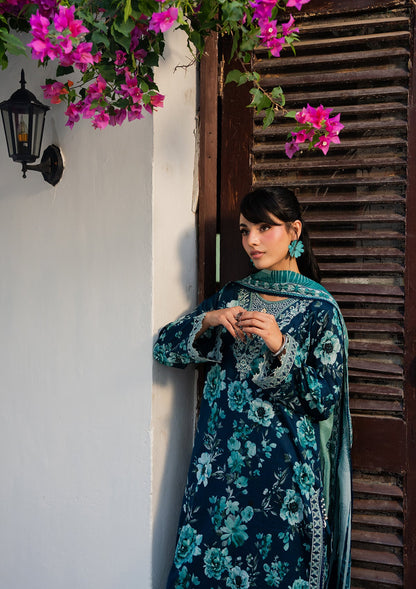 Pakistani Designer Aegean Blue Lawn Suit Online in KSA Riyadh Saudi Arabia Oman Bahrain Qatar