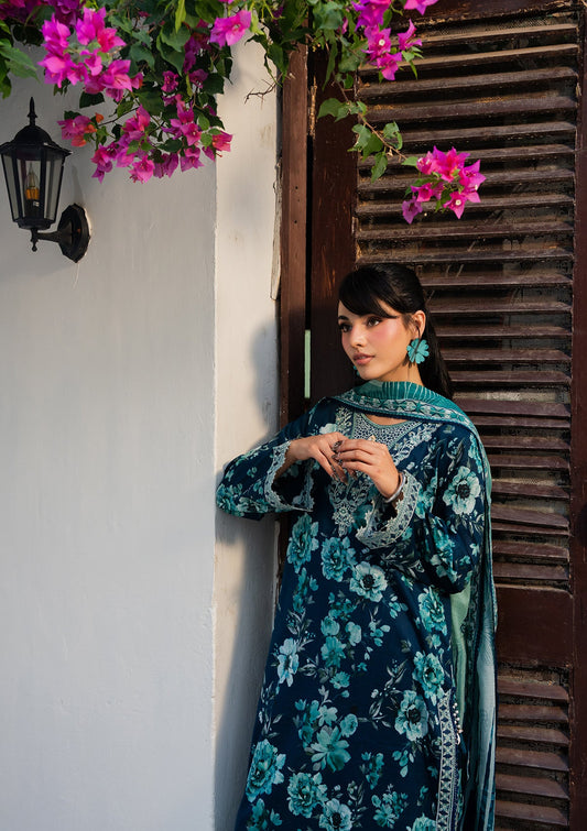 Pakistani Designer Aegean Blue Lawn Suit Online in KSA Riyadh Saudi Arabia Oman Bahrain Qatar