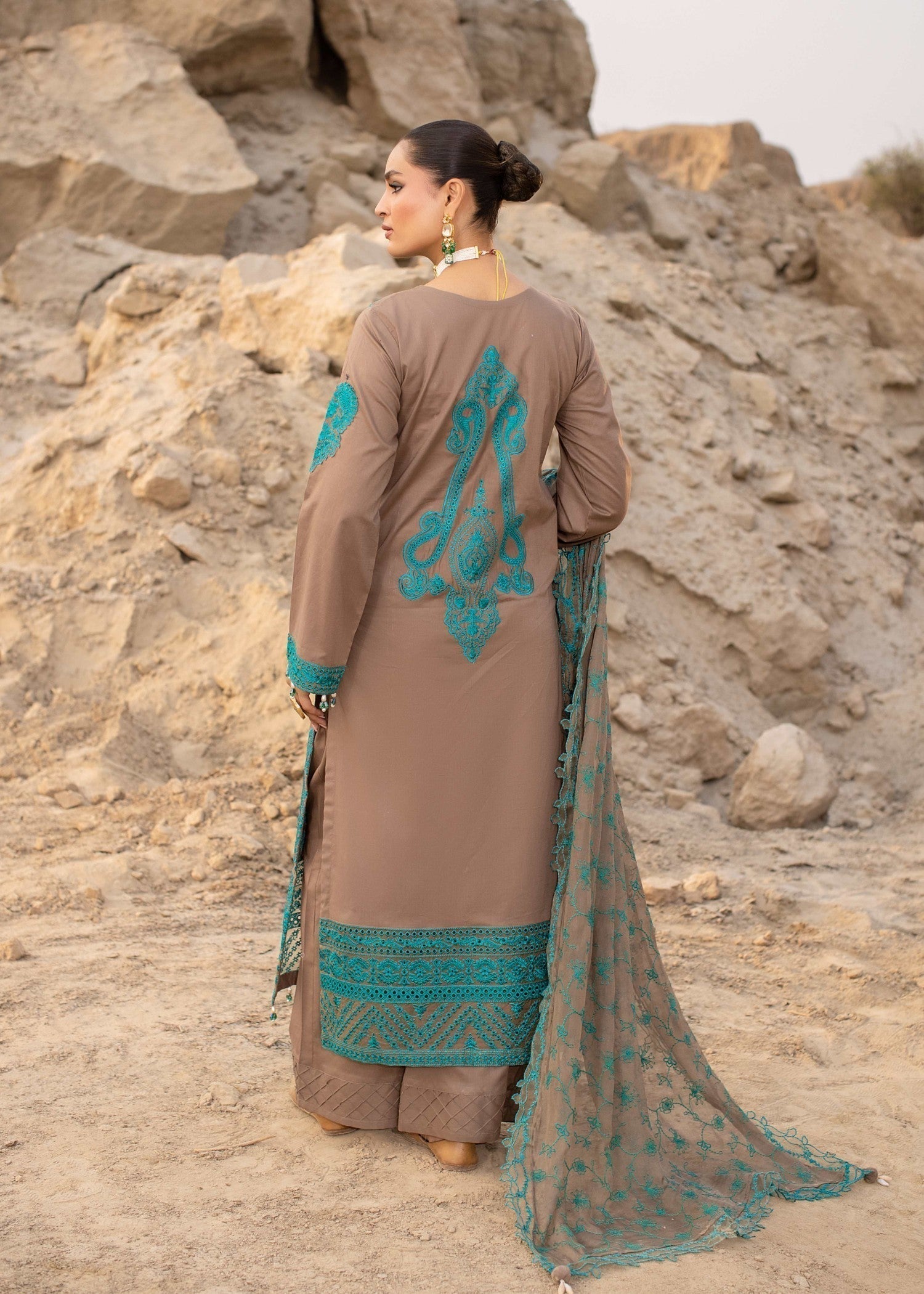 Pakistani Designer Almond Brown Cotton Salwar Kameez Online in KSA Riyadh Saudi Arabia Oman Bahrain Qatar