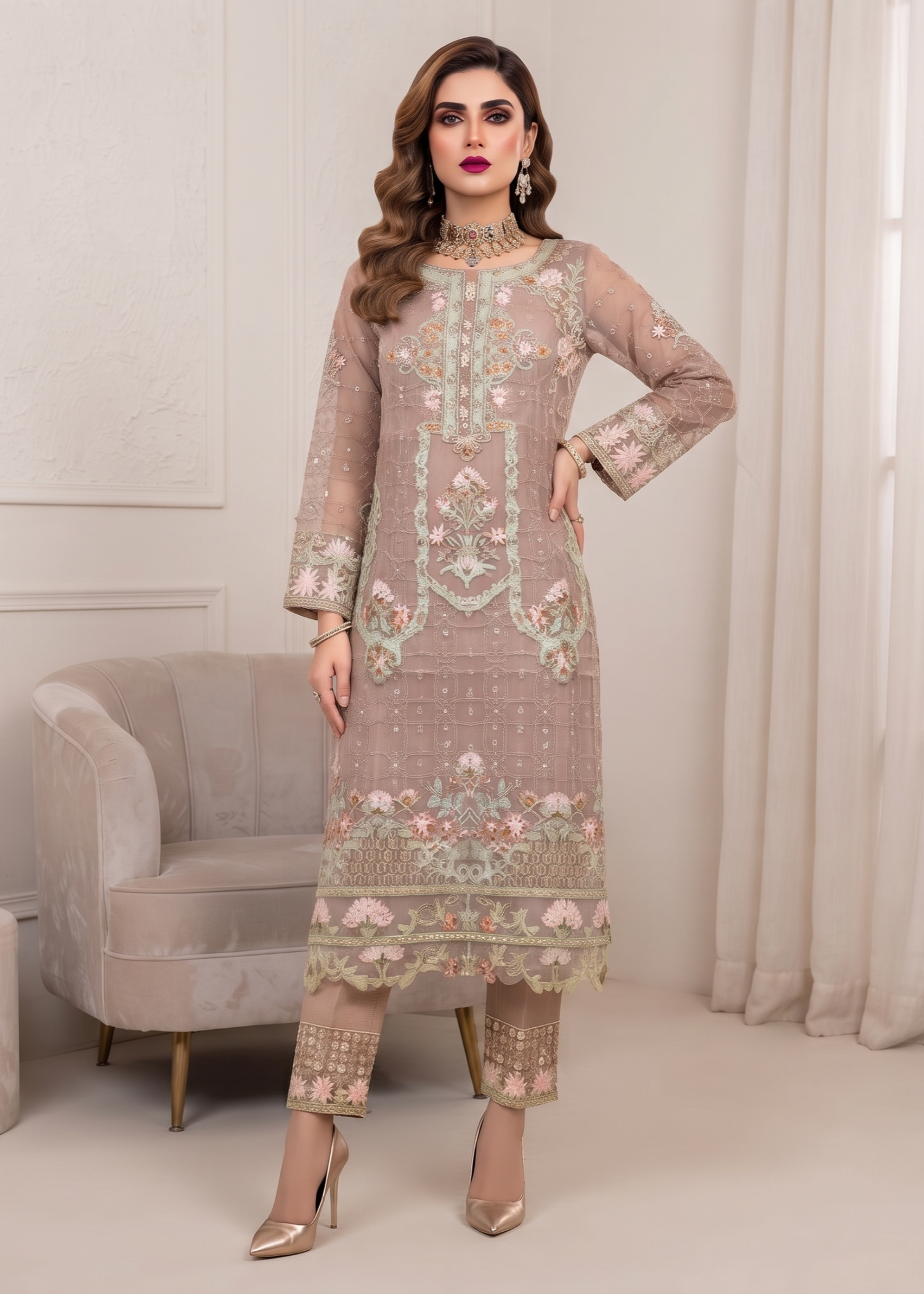Pakistani Designer Almond Brown Organza Suit Online in Sri Lanka India Australia