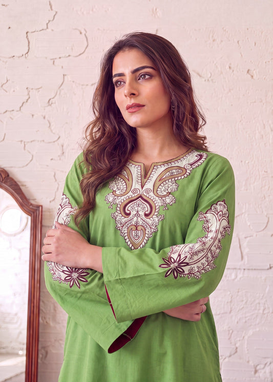 Pakistani Designer Apple Green Lawn Salwar Kameez Online in KSA Riyadh Saudi Arabia Oman Bahrain Qatar