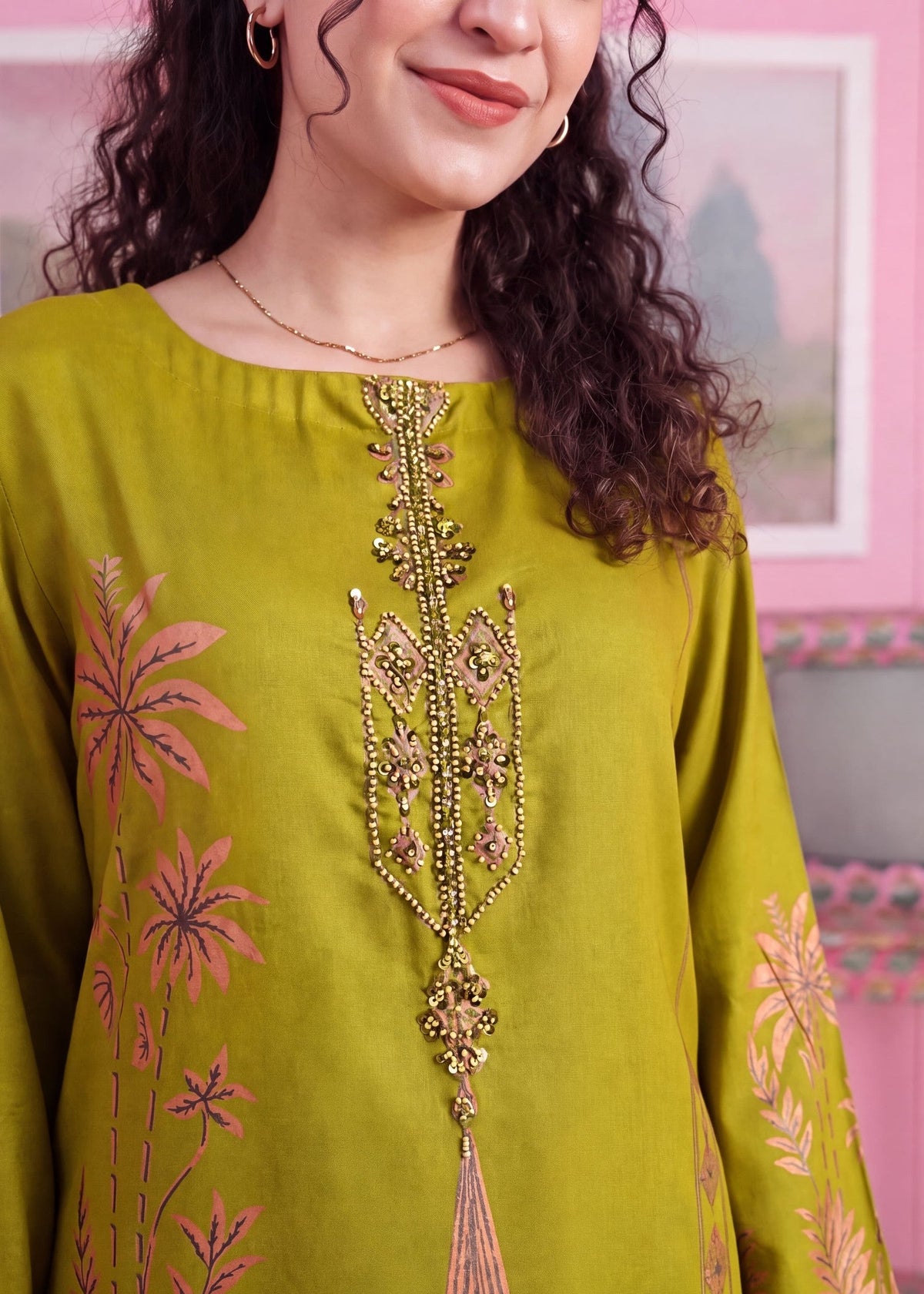 Pakistani Designer Apple Green Linen Kaftan Online in UK USA Canada