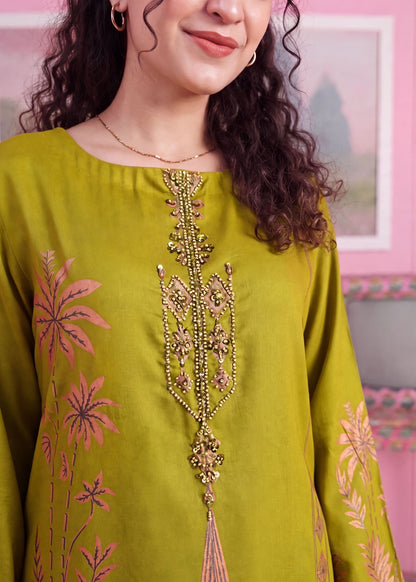Pakistani Designer Apple Green Linen Kaftan Online in UK USA Canada