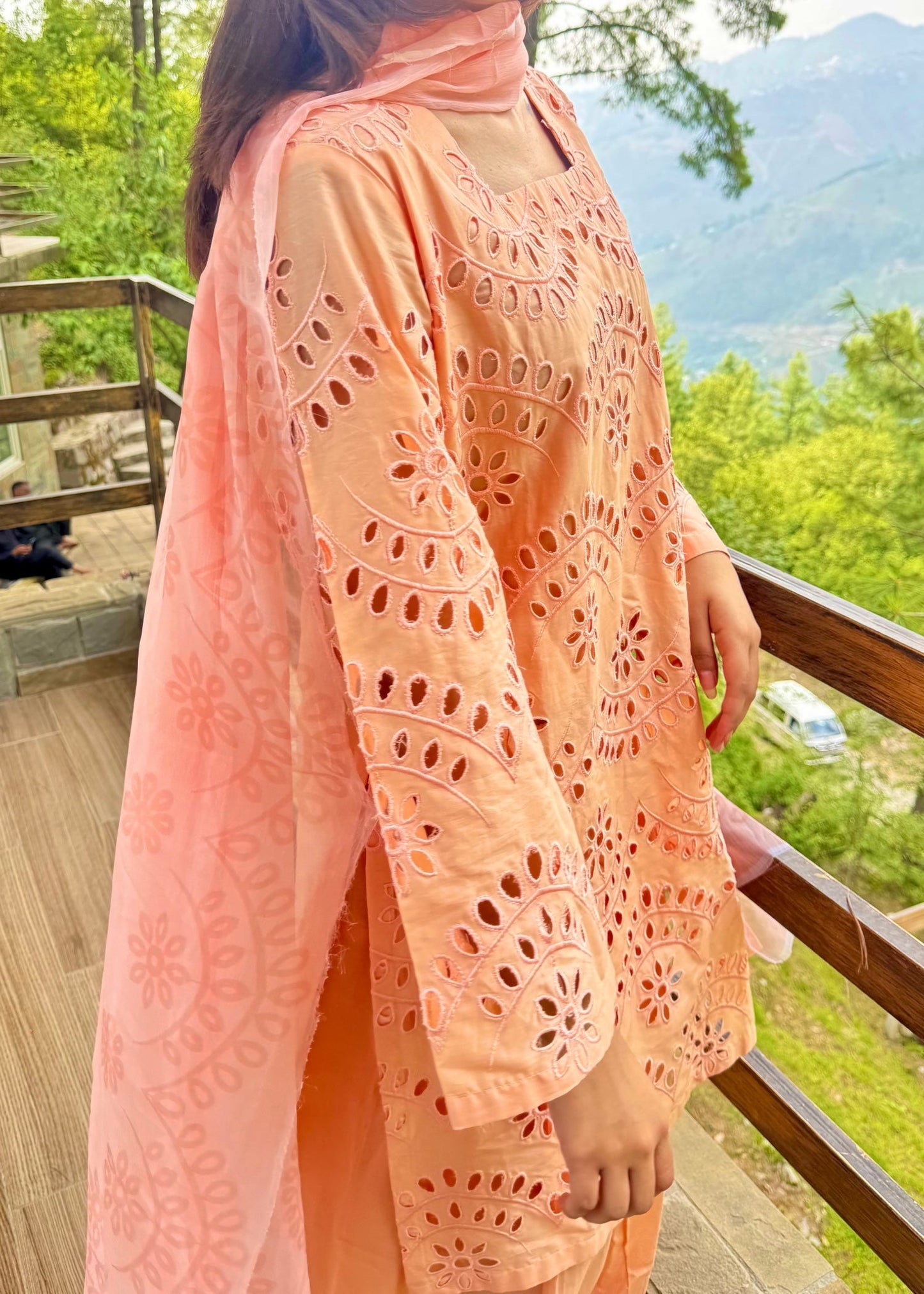 Pakistani Designer Apricot Orange Lawn Salwar Kameez Online in KSA Riyadh Saudi Arabia Oman Bahrain Qatar