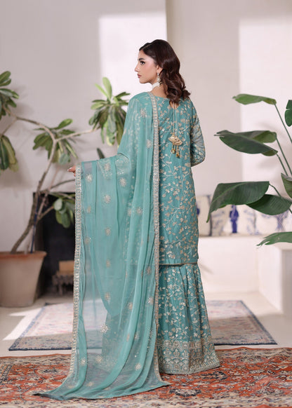 Pakistani Designer Aqua Chiffon Gharara Suit Online in KSA Riyadh Saudi Arabia Oman Bahrain Qatar
